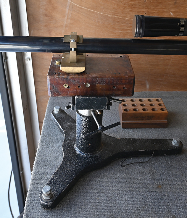 High Wall 40-65 benchrest rifle set up with muzzle clamp and Kearns front rest. Note the return-to-battery pin on front rest block.